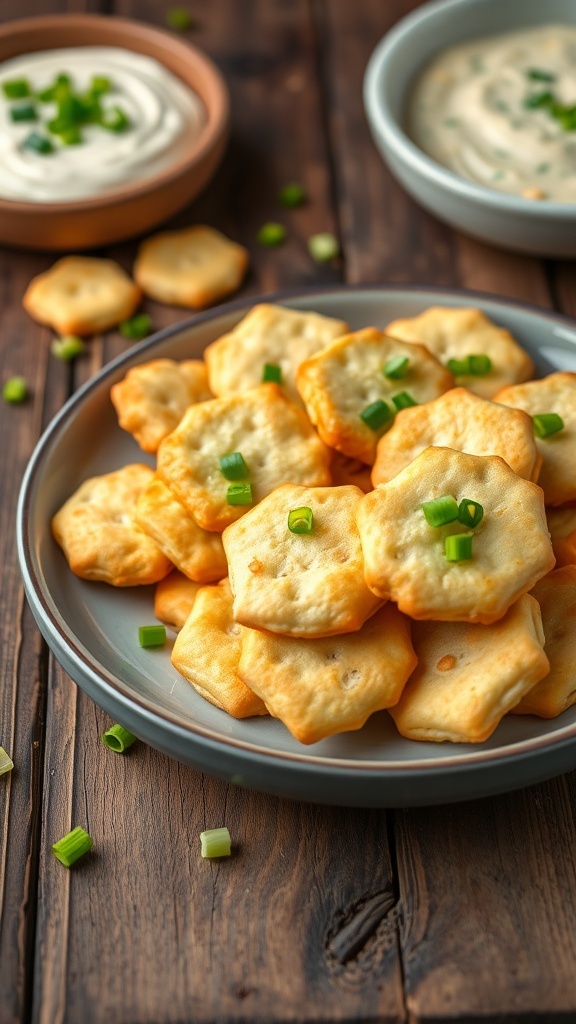 Savory Green Onion Crackers Recipe Golden brown green onion crackers on a plate with a bowl of dip.